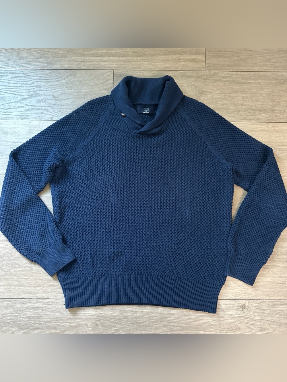 J. CREW Men’s Size L Navy Blue Sweater Shawl Collar Pullover Waffle Knit